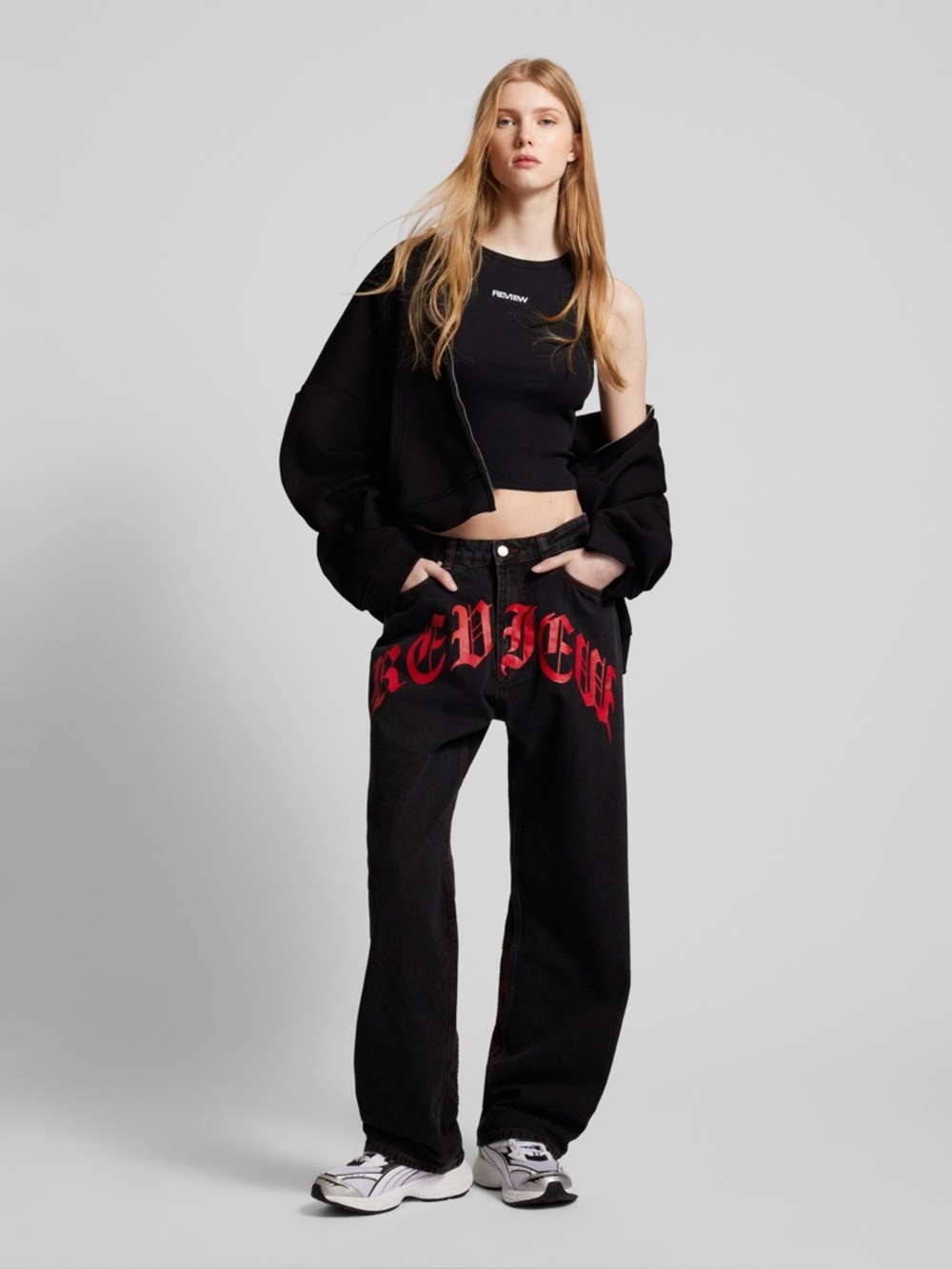 Urban Outfitters Black Straight-Leg Jeans with Red Gothic Graphic